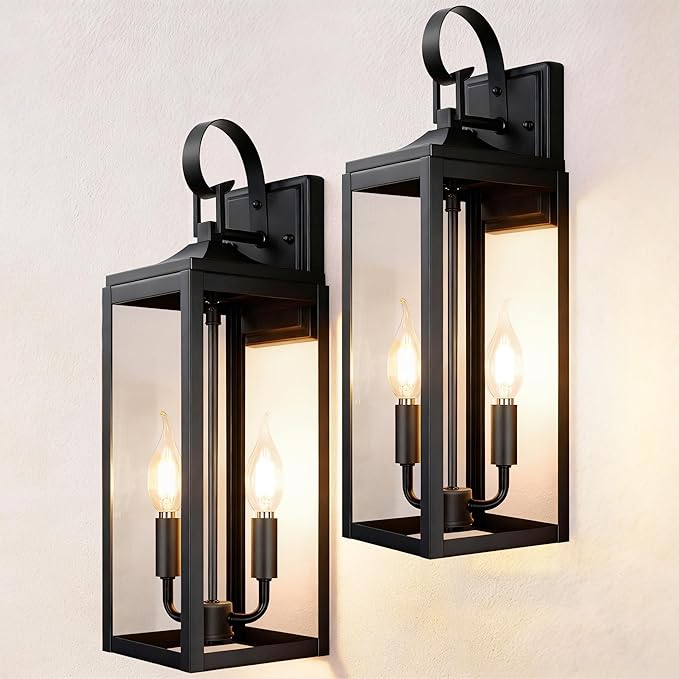 OKELI 17.6 2-Pack Outdoor Wall Light Fixture Large Exterior Porch Lighting 2-Light Farmhouse Outside Lantern Lights with Clear Glass Waterproof Wall Sconces Lamp for House Garage