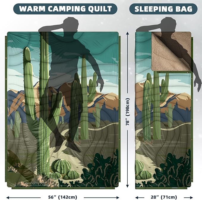 Outdoor Camping Blanket with Sherpa Lining Extra Warm Thick Camp Blankets and Puffy Ultralight Soft Poncho DWR Camping Quilt for Cold Weather Adventure Sleeping Backpacking 78x 56