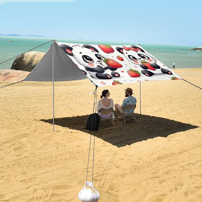 Cute Panda with Strawberry Camping Sun Shelter Beach Tent Portable Beach Sun Shade Outdoor Canopy for Camping Trips Fishing Picnic