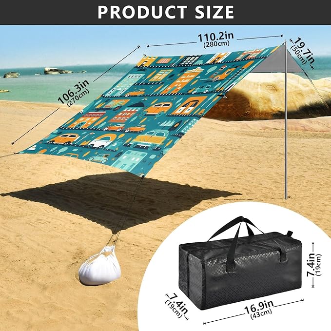 Camping Sun Shelters Cartoon Vehicles and Buildings Beach Canopy 126 * 110.2in