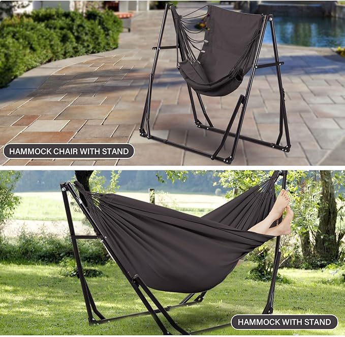 2 in 1 Hammock with Stand Outdoor Hammock Swing Chair with Portable Heavy Duty Stand Multi-Functional Hammock Stand 480 lbs Weight Capacit-Gray