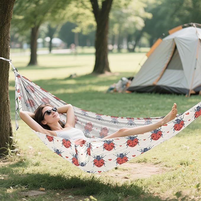 ALAZA Lady Bug Heart Dotted Lines Camping Hammocks Single or 2 Person 500 lbs Portable Parachute Travel Hammock w/Tree Straps for Hiking Backpacking Indoor Outdoor
