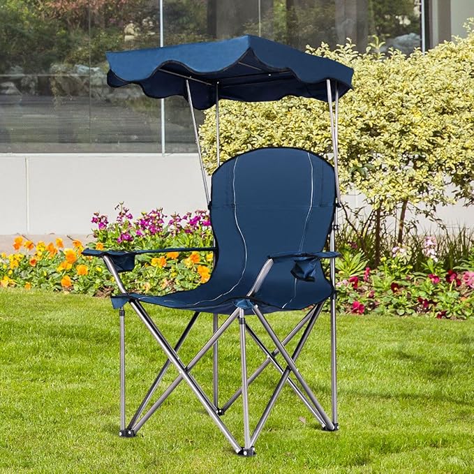 COSTWAY Portable Camping Chair with Canopy Outdoor Lawn Chair with Shade Carry Bag Cup Holder for Travel Picnic Beach (Blue)