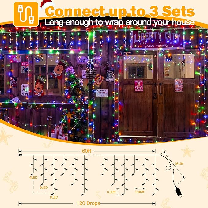 Ollny Icicle Lights for Outside 720LED 60FT Multicolor Christmas Lights with Remote 8 Modes Dimmable Waterproof Connectable Timer Hanging Light for House Outdoor Yard Indoor Decorations
