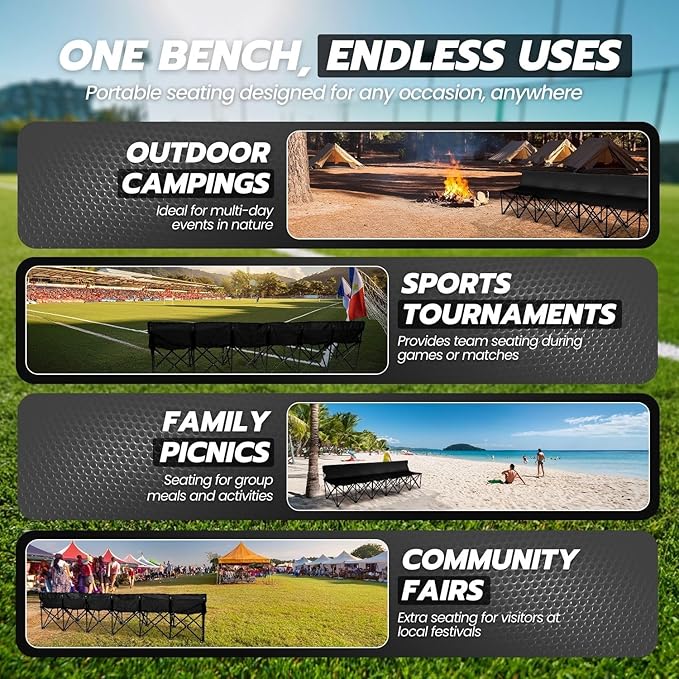 Flexzion Portable Folding Bench Seat 6 Seater Collapsible Soccer Bench Portable Bench Seats for Bleachers Camping Sideline with Back Rest and Carrying Bag Black
