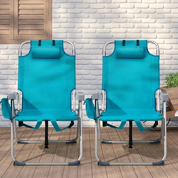 Backpack Beach Chairs Low 5 Position Beach Chair with Pouch Straps Folding Lightweight Reclining Aluminum Lay Flat Single (Mint Green High)