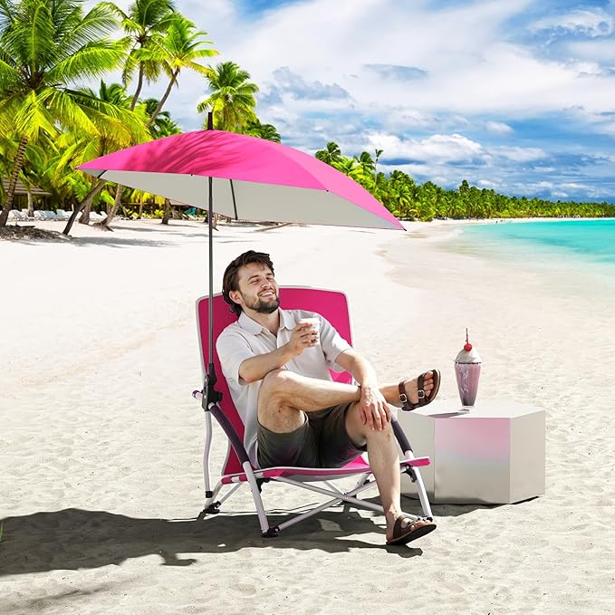 Goplus Beach Chair with Umbrella 2 Pack 330lbs Folding Backpack Chairs for Adults with Adjustable Parasol Comfy Armrest Breathable Seat Lightweight Portable Low Sand Chair for Lawn Camping
