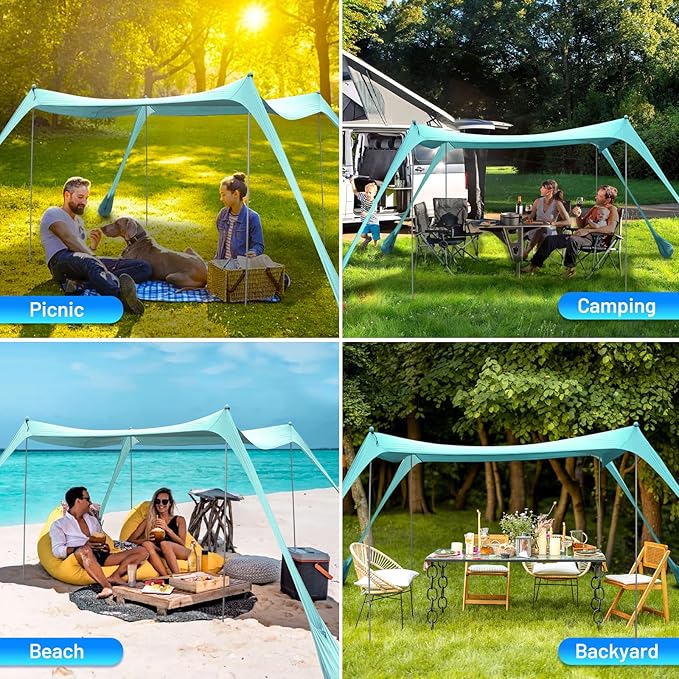 BOTINDO Family Beach Tent Canopy Sun Shade Pop Up Grande Beach Tent Sun Shelter Stability 4 Poles with Portable Carry Bag Outdoor Shade for Fishing Backyard Camping (Mint Green 10x10FT 4Pole)