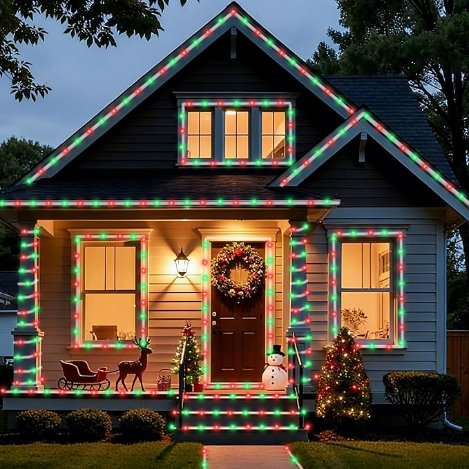 YEGUO Solar Christmas Light Outdoor Waterproof 66ft 200 LED Red and Green Rope Lights 8 Modes Tube String Lights in Clear Thin Tube