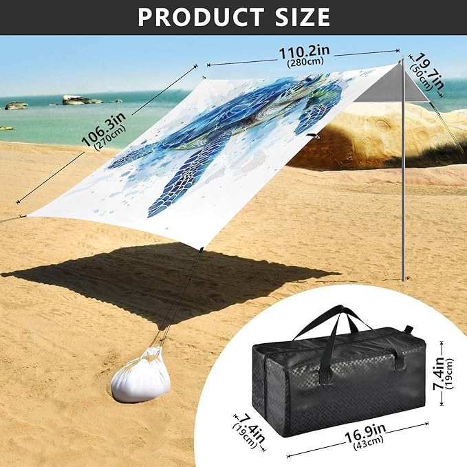 ALAZA Sea Turtle Watercolor Beach Tent Sun Shelter UPF50+ Protection Beach Shade Canopy w/ 4 Sandbags for Outdoor Camping Fishing Backyard Fun Picnic 10x9 ft