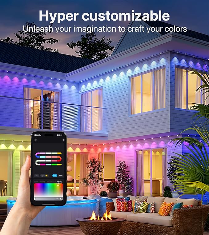 100FT RGB+IC LED Permanent Outdoor Lights: Eave Lights with Smart APP &amp Remote Control 72 Scene Modes Waterproof IP65 for Holiday Christmas Decorations(Extension Cord Not Included)