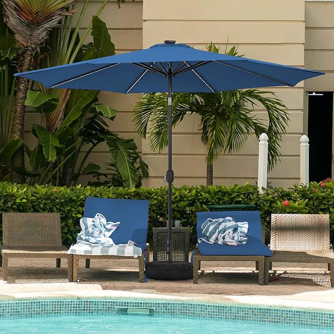Sundale Outdoor Olefin 5-Year-Non-Fading Solar 80 LED 9 FT Solar Patio Umbrella with Sand Bag Base Outdoor Umbrella with Tilt and Crank Navy