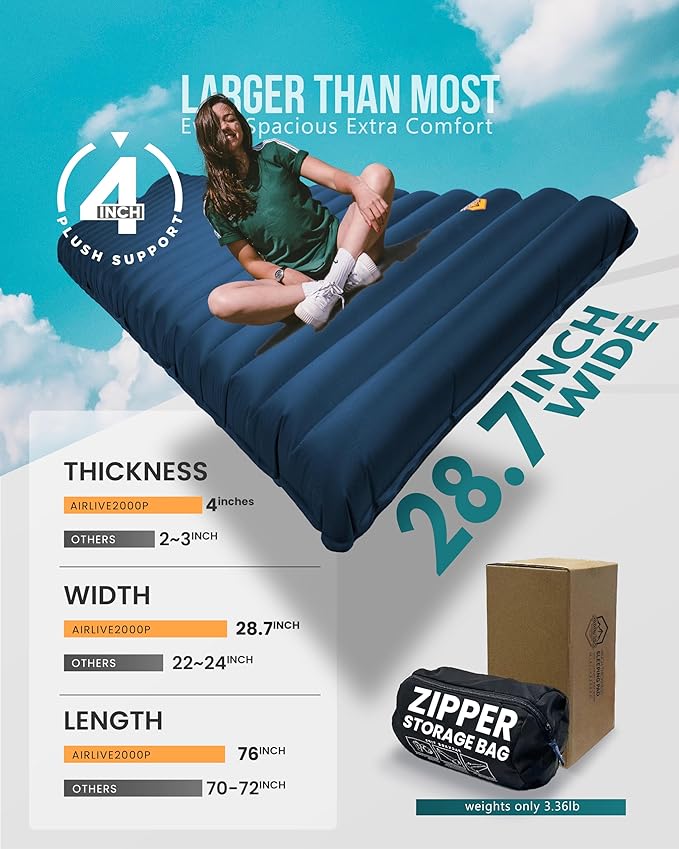 ZOOOBELIVES Extra Thickness | Wide Plus Sleeping Pad with Built-in Pump Inflatable Camping Mattress of Ultimate Comfort for Car Camping Tent and Backpacking Lightweight &amp Compact – Airlive2000