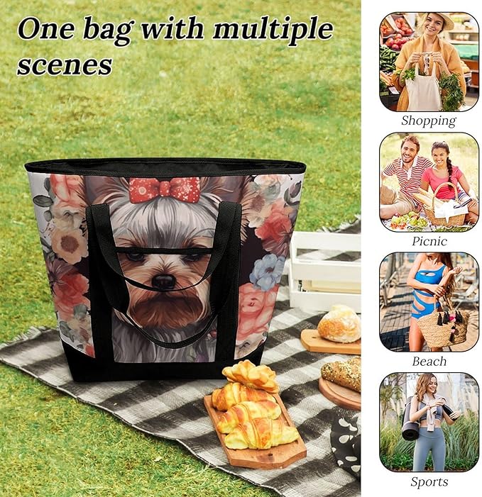 Insulated Shopping BagLarge Reusable Cooler Bags Yorkie Floral Printed Foldable Shopping BagTravel Waterproof Shoulder Bag