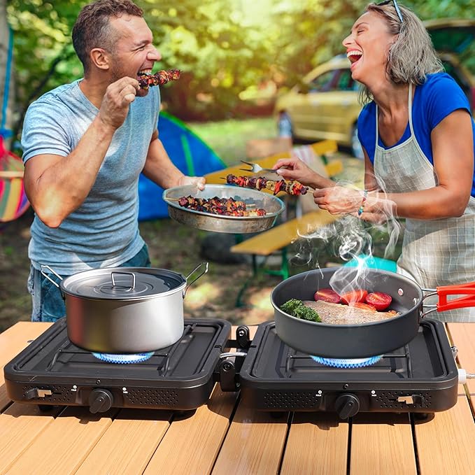 2 Burner Propane Camping Stove 17200 BTU Adjustable Burners Foldable Propane Camp Stove with Grill &amp Windscreen Double Burner Portable Folding Gas Stove with Carry Bag for Outdoor Camping BBQ