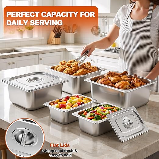 4 Set Hotel Pans with Lids 2 × 1/2 Size 6'' Deep &amp 2 × 1/4 Size 4'' Deep Steam Table Pans with Lid &amp Clip Anti-Jam Stainless Steel Metal Hotel Pans for Home Party Hotel Buffet Catering Food