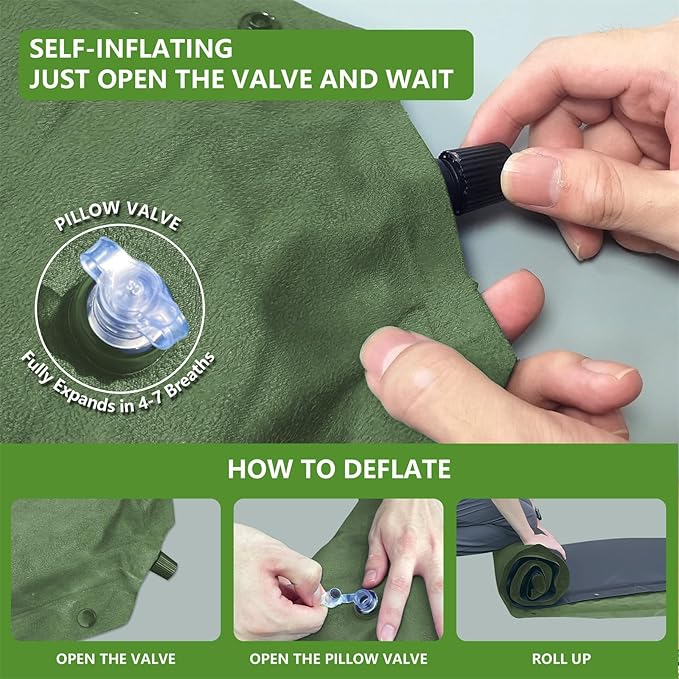 Double Camping Sleeping Pad with Pillow 2 Memory Foam Camping Mattress 2 Person 5R Insulated Self Inflating Camping Pad Air Mattress Inflatable Sleeping Mat for Tent Backpacking Hiking (Green)