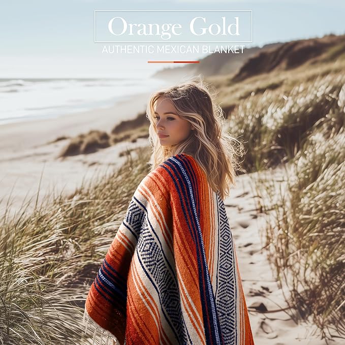 Authentic Large Handwoven Mexican Blanket - Soft Yoga- Durable Serape- Lightweight Falsa Beach Camping Picnic Outdoor Blanket 70x50 - Orange Gold