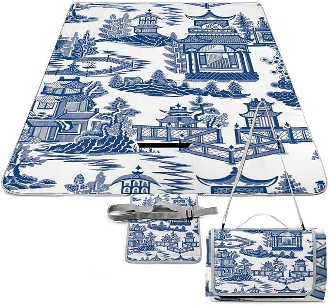 Blue and White Chinese Folk Chinoiserie Style Waterproof Outdoor Picnic Blanket Sandproof Beach Mat for Camping Hiking Grass Travelling