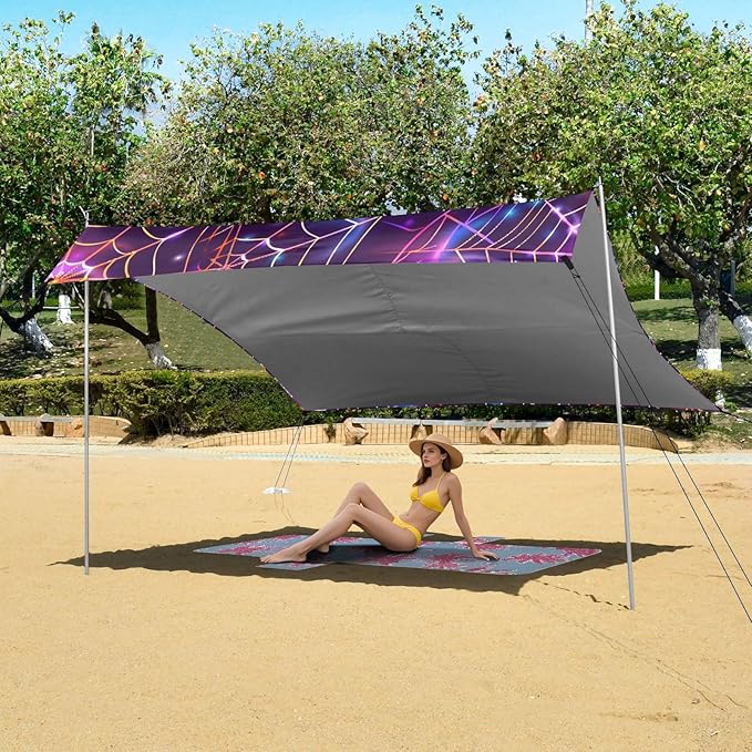 ALAZA Halloween Purple Spider Beach Tent Sun Shelter UPF50+ Protection Beach Shade Canopy w/ 4 Sandbags for Outdoor Camping Fishing Backyard Fun Picnic 10x9 ft