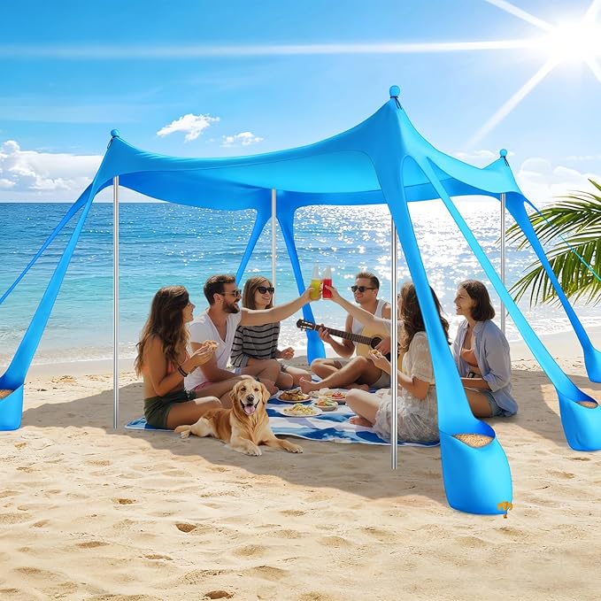 Beach Tent Sun Shelter UPF 50+10x10 FT Beach Canopy Tent Sun ShadePop Up Beach Canopy with 8 Sandbags Outdoor Beach Shade for Camping Trips Fishing Backyard Fun Picnics (Sky Blue)