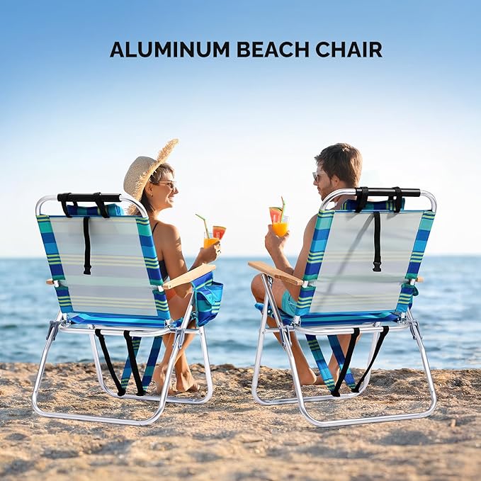Bonnlo Lightweught 17 Backpack Beach Chair Tall Beach Chairs for Adults Portable with Adjustable Straps 3-Position Reclining Cup Holder High Beach Chairs for Beach