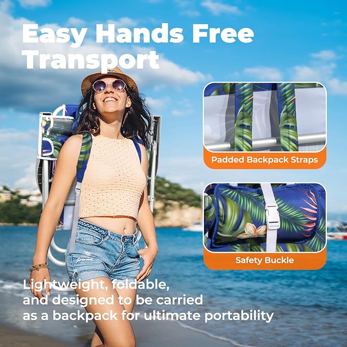 Tall Beach Chairs for Adults – 5-Position Reclining Backpack Chair with Large Insulated Cooler &amp Storage Pocket Portable Beach Chair for Travel &amp Outdoor Supports 300lbsTropical Palm 2 Pac