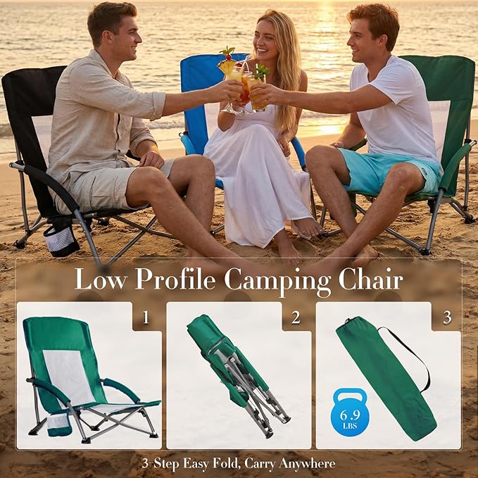 DUMOS Low Beach Chair for Adults Lightweight Folding Beach Chair with Cup Holder Storage Bag Breeze Mesh Back Padded Armrests Compact Low Profile Chair for Camp Picnic Lawn Sand