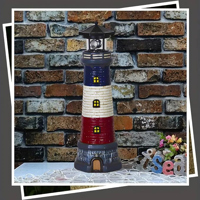 Solar Lighthouse Garden Outdoor Statues Waterproof Lawn Lights Decor Automatic Rotating Solar Lights for Yard Patio Ground Tabletop Decoration Unique Housewarming Gifts - Black