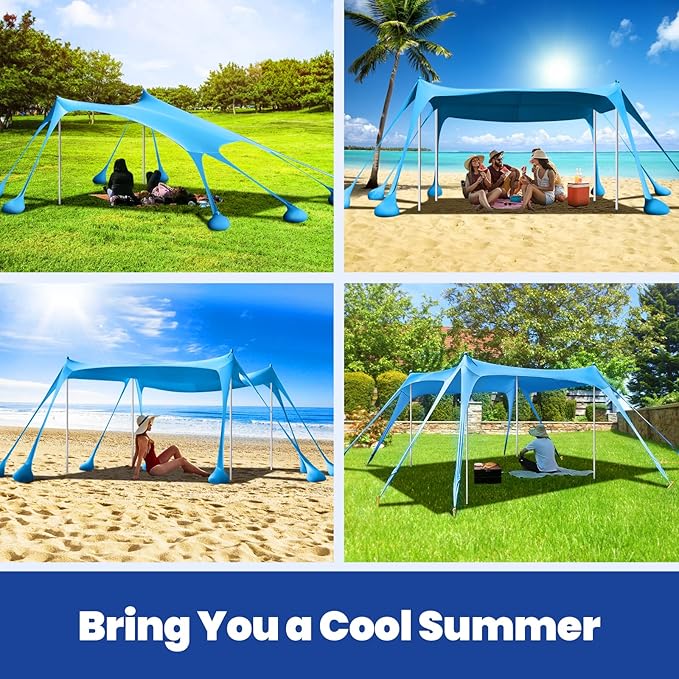 Rhino Valley Beach Tent Shade Canopy UPF50+ Protection 8 Sandbags 4 Stability Poles Outdoor Sun Shelter Umbrella for Sand Camping Fishing Essentials