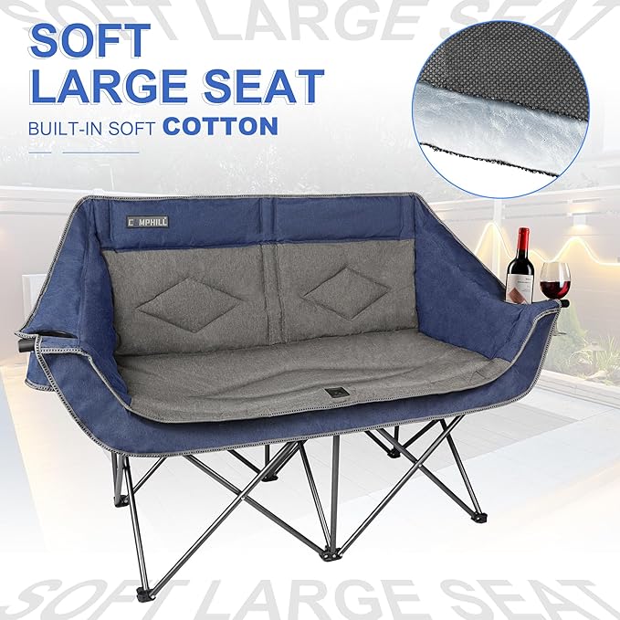 Oversized Double Camping Chair-Heavy Duty 2 Person Folding Loveseat Camp Couch for AdultsPortable Outdoor Lawn Chairs with Padded Seat for FishingSports and PatioSupports 500 LBSBlue