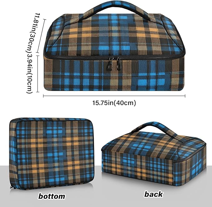 Casserole Carrier Blue and Brown Tartan Pattern Insulated Casserole Carrier for Hot or Cold Food Thermal Lunch Tote for Parties Picnic Travel Carry Bag