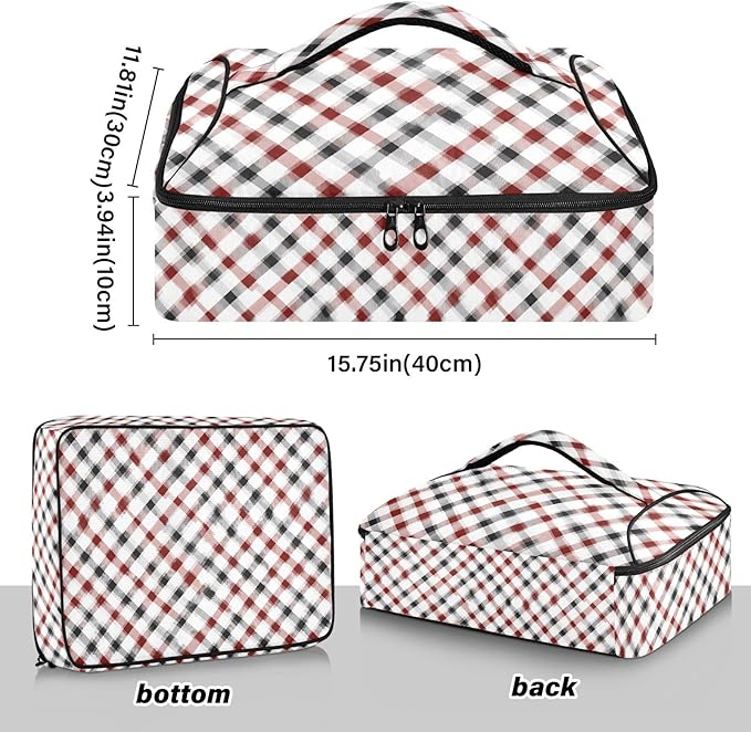 Casserole Carrier Red and Black SquaresInsulated Casserole Carrier for Hot or Cold Food Thermal Lunch Tote for Potluck Parties Picnic Beach Fits 9 x 13 Inches Baking Dish
