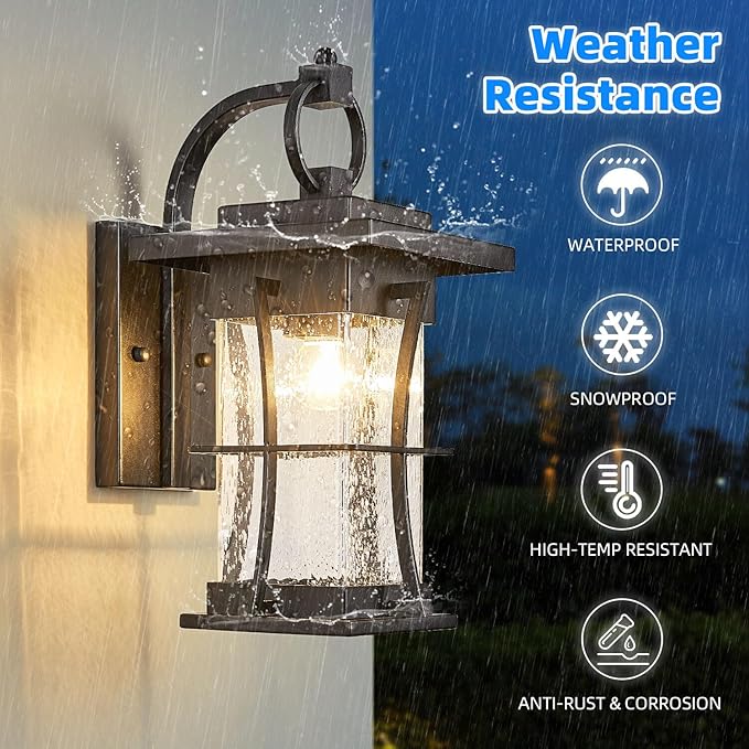 Outdoor Wall Sconces Light Fixtures Exterior Wall Lantern Outside House Lamps Waterproof Black Metal with Clear Seeded Glass Perfect for Exterior Porch Patio House
