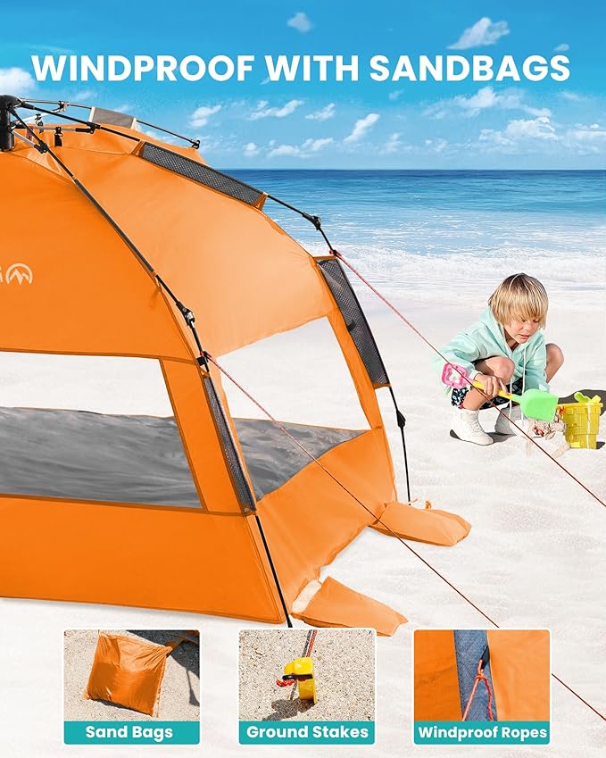 OutdoorMaster Beach Tent Sun Shelter for 3-4 Person Pop Up Beach Tent Easy Setup with Sandbags Portable Sun Shade Canopy with Carrying Bag for Beach &amp Outdoor UPF50+ UV Protection Family Size