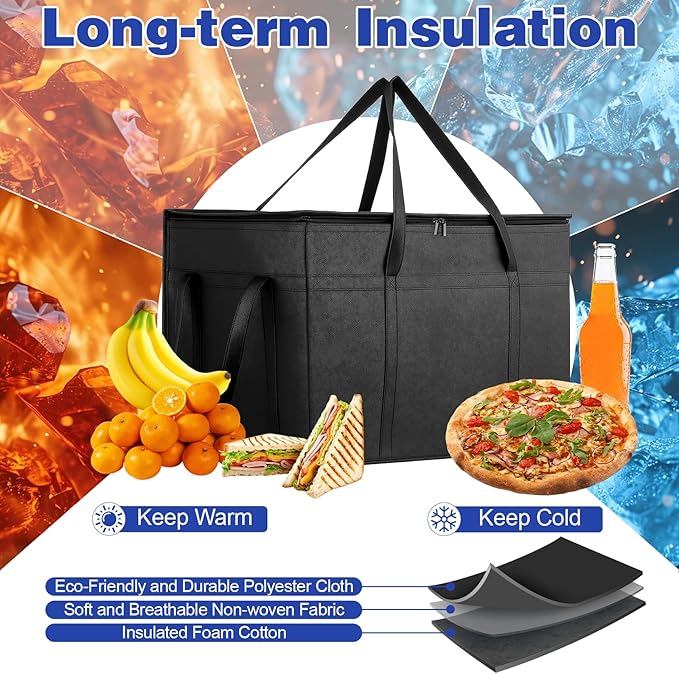 3 Pack Large Insulated Food Delivery Bag with hard bottom XXXL Large Reusable Thermal Cooler Grocery Tote Bag Thermal Cold/Hot Styrofoam Carrier for Shopping/Travel Black