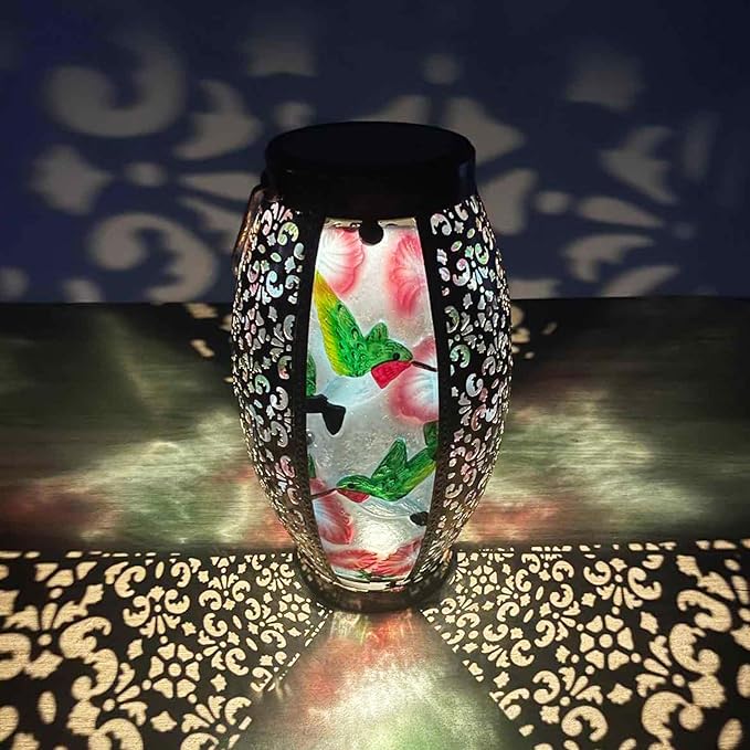 Hummingbird Solar Lanterns Glass &amp Metal Hanging Lantern Outdoor Waterproof 16 H Tabletop Light with Hollowed-Out Design for Garden Patio Table Decor Mother's Day Gift