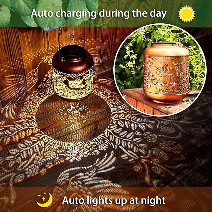 2 Pack Hummingbird Outdoor Solar Hanging Lanterns Waterproof LED Solar Lights Metal Decorative Lanterns for Garden Patio Courtyard Backyard Yard Decor Unique Hummingbird Gifts for Women Gardening