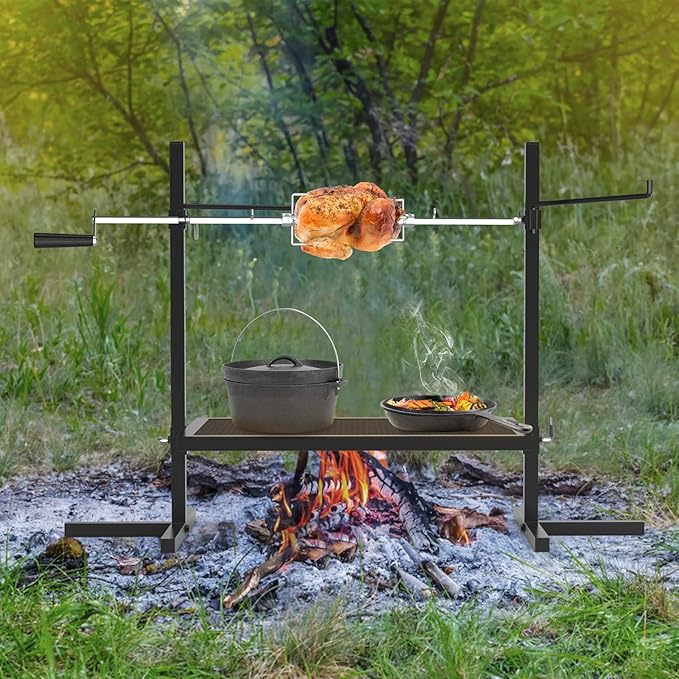 only fire Adjustable Grill Rotisserie System and Spit Over Fire Camp Grill with Cooking Grate for Outdoor Open Flame Cooking