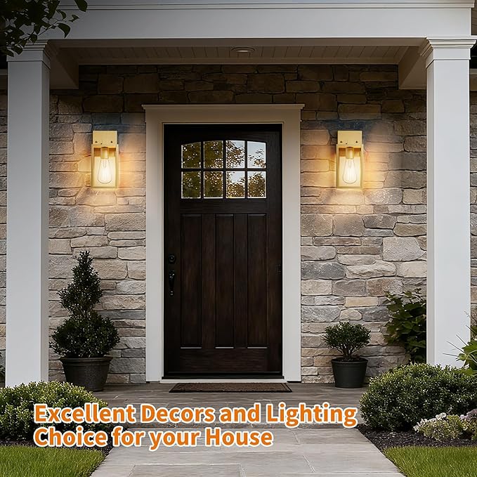 Outdoor Light Fixtures Wall Mount Waterproof Front Porch Lights Modern Exterior Lighting Fixtures with E26 Socket Gold Wall Sconces Lantern Lamp Outside Lights for House Garage Patio (2 Pack）