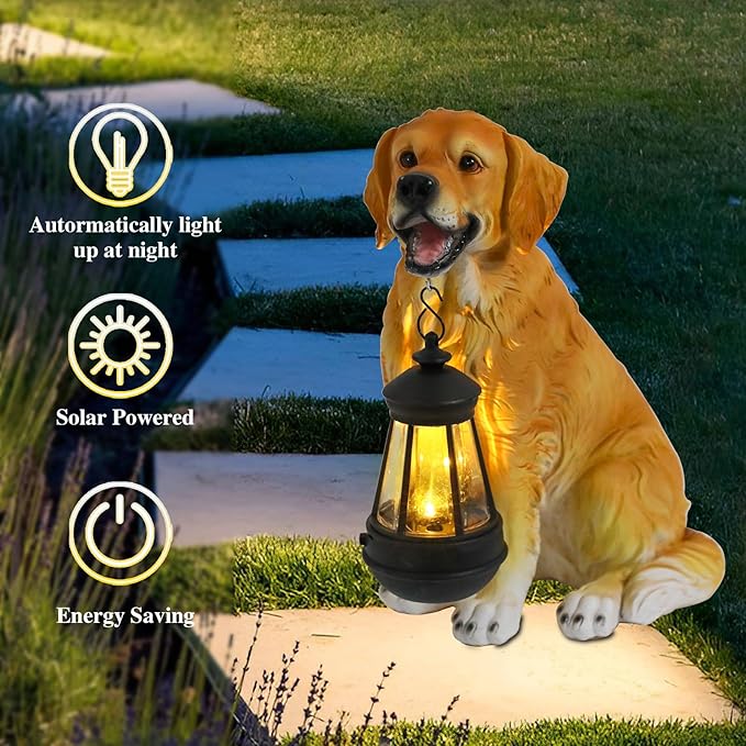 Afirst Solar Dog Statue Garden Decor Outdoor Statue Decor with Solar Lantern Valentine's Day Gift Lovely Golden Retriever Figurine Patio Lawn Yard Art Ornaments Housewarming Gift