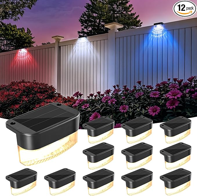 BrizLabs Solar Fence Lights 12 Pack RGB &amp Warm White &amp 11 Colors Changing LED Solar Deck Lights with IP65 Waterproof Red White &amp Blue Outdoor Step Light Patio Fence Light for Patio Yard
