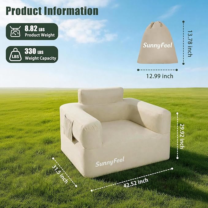 SUNNYFEEL Inflatable Sofa Chair Heavy Duty 330LBS Portable Air Sofa with Built-in Pump 1000D Oxford Fabric for Camping Beach &amp Travel (Beige-Single)