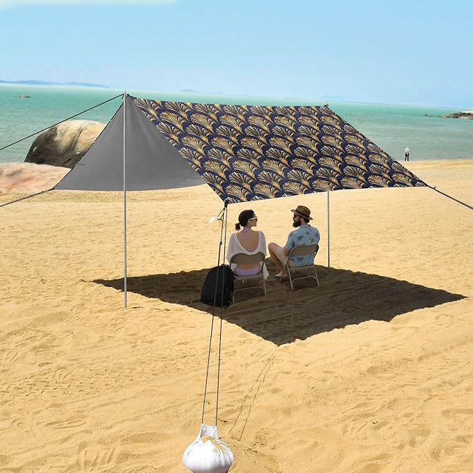 ALAZA Abstract Gold Fans Beach Tent Sun Shelter UPF50+ Protection Beach Shade Canopy w/ 4 Sandbags for Outdoor Camping Fishing Backyard Fun Picnic 10x9 ft