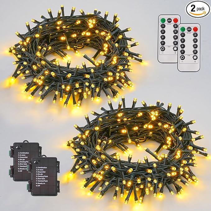 YEGUO Christmas Lights Battery Operated 2 Pack Each 33ft 100 LED Warm White String Lights Outdoor Waterproof 8 Modes Green Wire Fairy Light Indoor with Remote