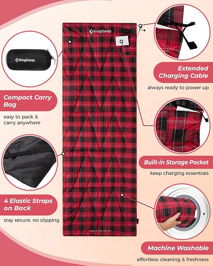 KingCamp 6 Heating Zones Heated Sleeping Bag Pad 3s Heat-up Portable XL Sleeping Bag Liner for Cold Weather Camping Hiking Multi USB Power Supported Compact Bag Included