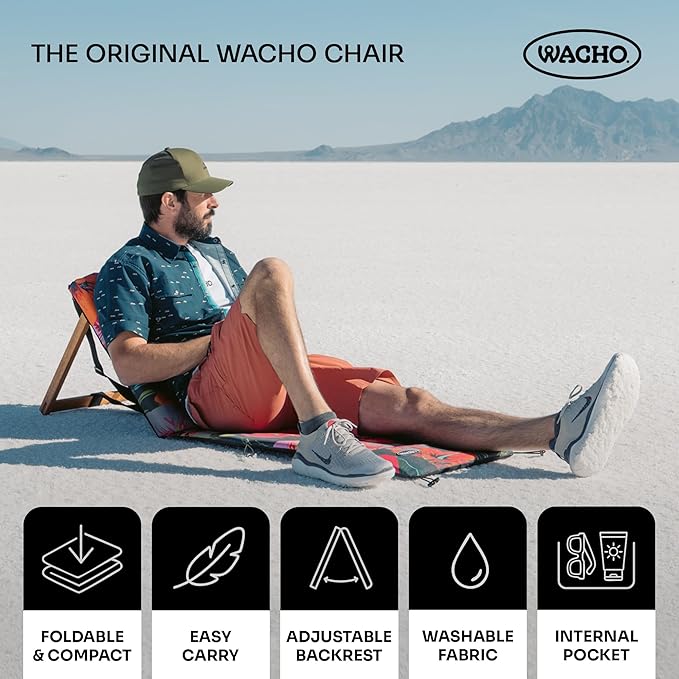 Wacho Outdoor Folding Beach Chair – Ultralight Reclining with Adjustable Wooden Backrest Foam Padding &amp Water-Resistant Recycled Fabric – Portable Lounge Chair for Beach Camping – Red and Dark B