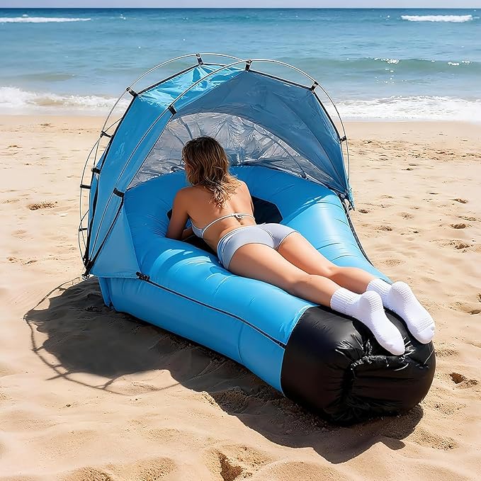 Portable Inflatable Sofa Tent Inflatable Lounger Air Couch with Sun-Shade Waterproof Inflatable Bed for Yard Outdoor Camping Hiking (Blue)