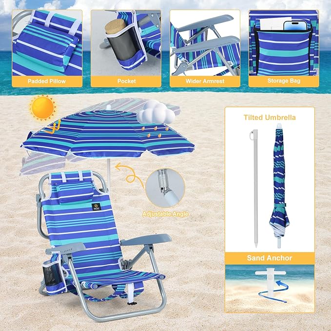 Nice C Toddler Beach Chair Kids Beach Chair with Umbrella Backpack Beach Folding Chairs Backpack Camping Chairs 5-Position Reclining with Cup Holder for Beach Camping Picnic (2 Pack)