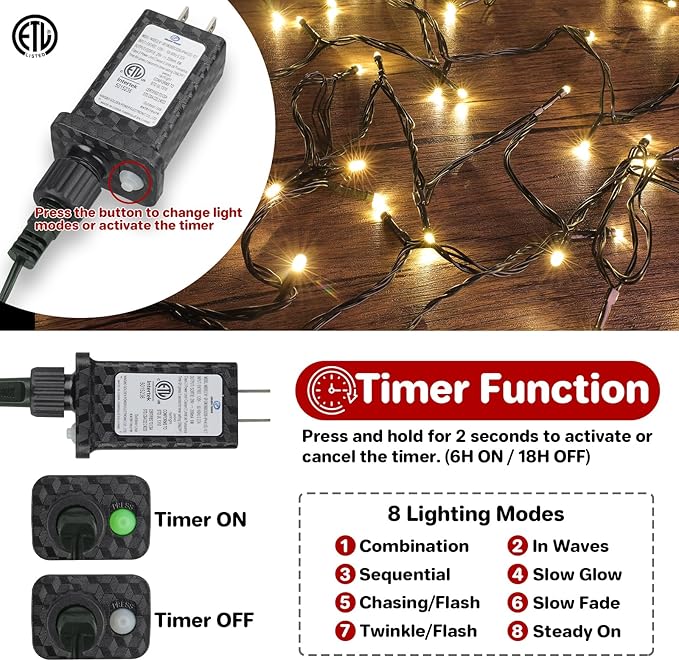 Extra Long 264Ft 800 LED Christmas Lights with Timer Green Wire Fairy Starry String Lights Plug in 8 Modes and Memory forIndoor Outdoor Xmas Tree Wedding Party DecorationWarm White